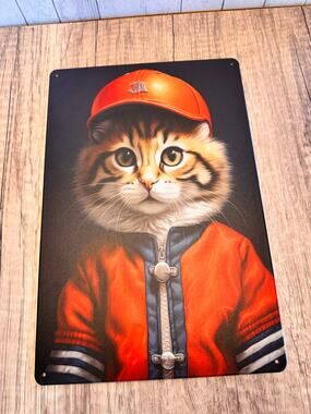 Baseball Kitty Metal Sign Cute Cat Baseball Cat Metal Home Decor FAST SHIP